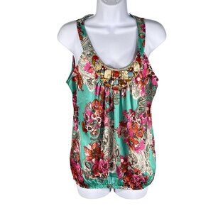 Cache Womens L Floral Sleeveless Cami Tank Chiffon Top Jewel Embellished Fairy